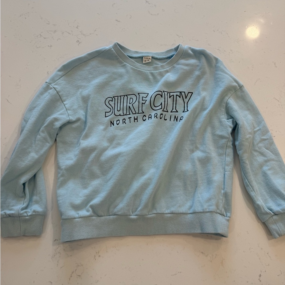 SHEIN Surf City North Carolina Light Blue Crewneck Sweatshirt